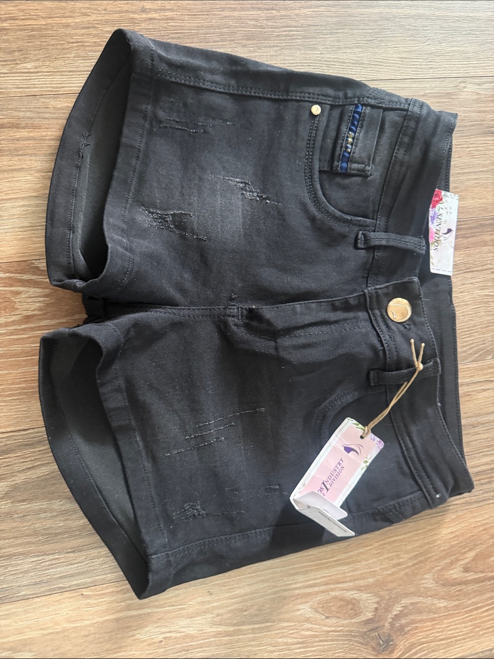 Sentidos Black Denim Shorts with Floral Logo Patch